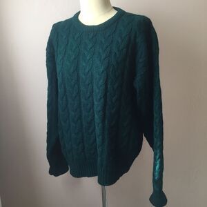 Eddie Bauer Green Shetland Wool Cableknit Sweater